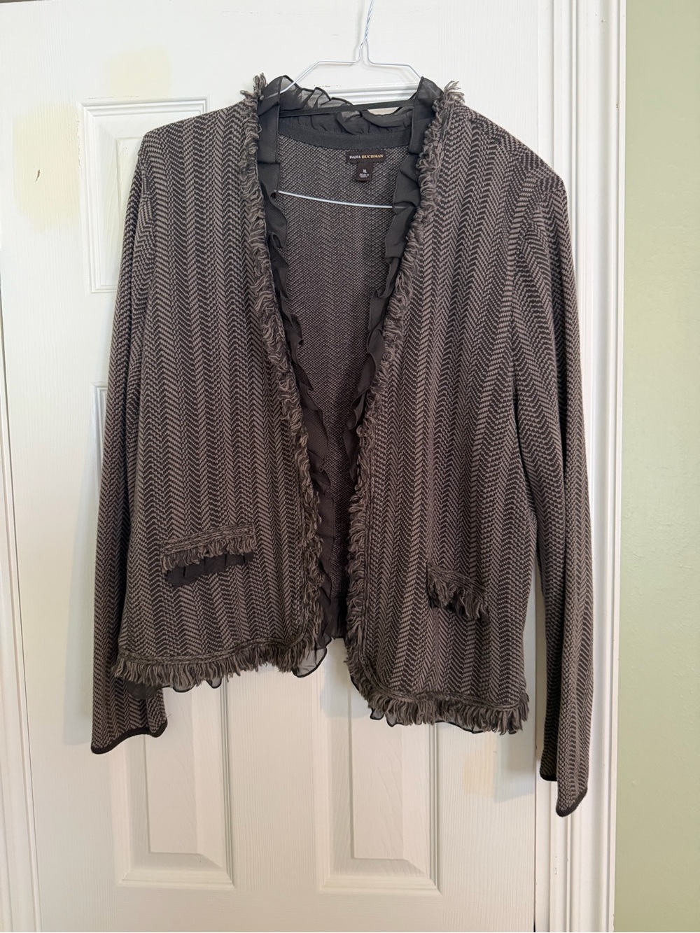 Dana Buchman Women’s Fringe-Trim Herringbone Cardigan Sweater - Gray